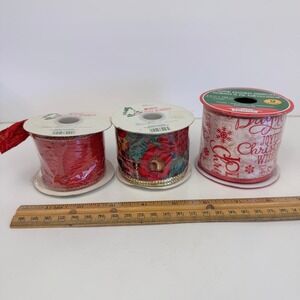 3 Vtg Rolls Wangs Christmas House Holiday Ribbon Wired Glitter Red Metallic